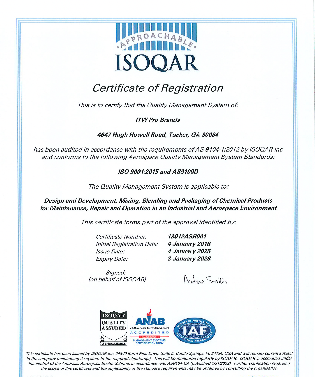 AS9100D Certificate of Registration - Tucker